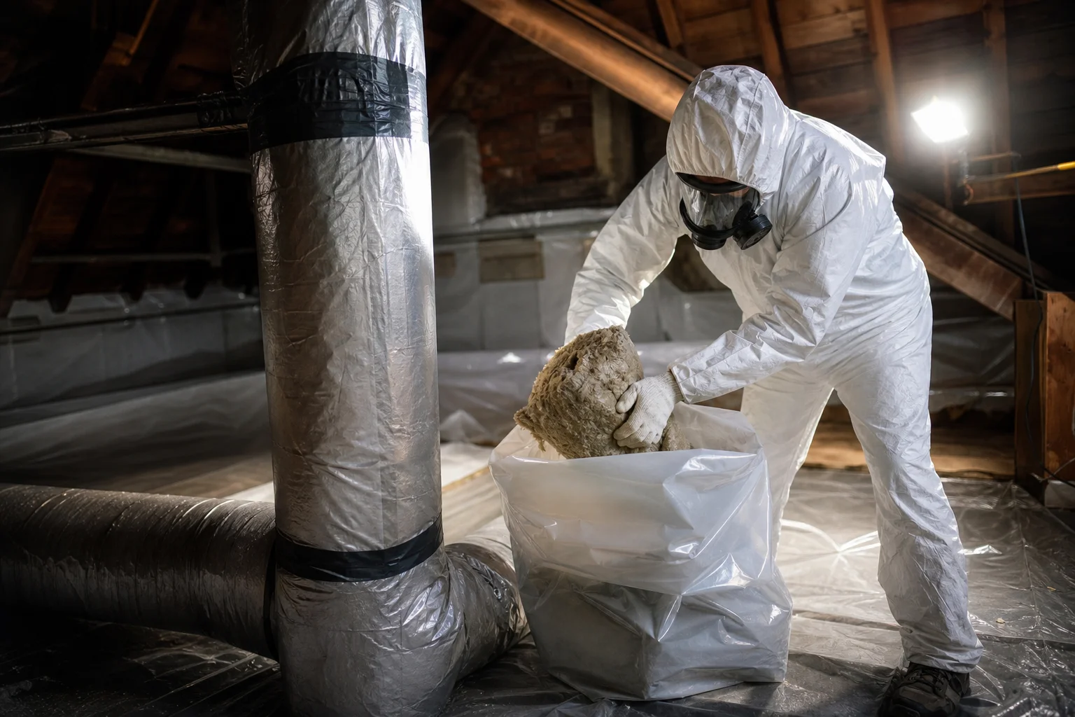 Asbestsanierung im abgeschotteten Schwarzbereich: staubdichte Verpackung belasteter Materialien für die Entsorgung mit Nachweis